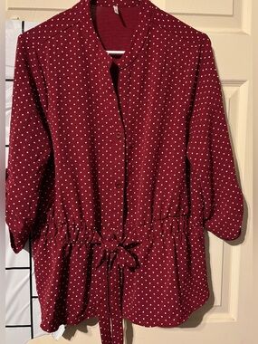Polka Dot Button-Front Drawstring Top - Burgundy with White Dots